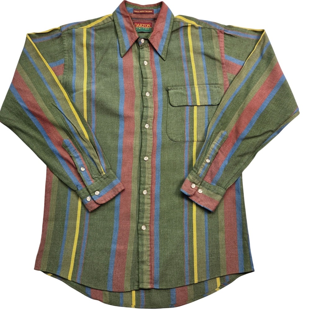 Oakton Shirt Mens M Green Long Sleeve Button Up Striped Twill Pockets Cotton